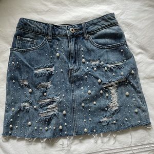 Denim Mini Skirt with Pearl Accents